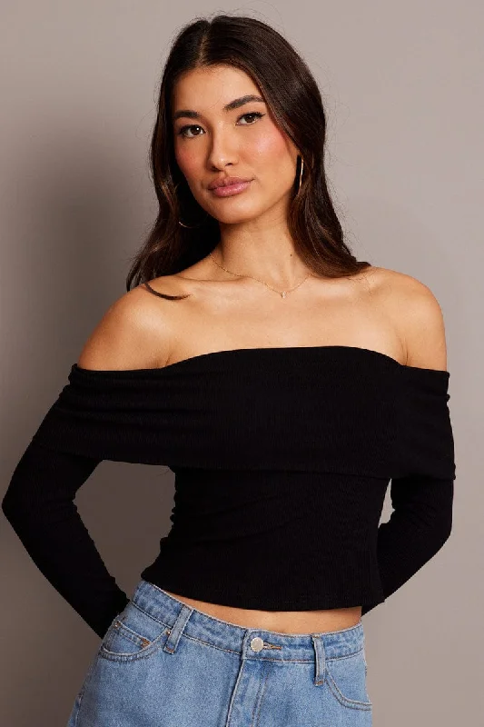Final Clearance Black Off Shoulder Top Long Sleeve