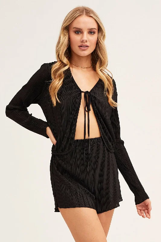 Big Discounts Black Plisse Top Tie Front Long Sleeve