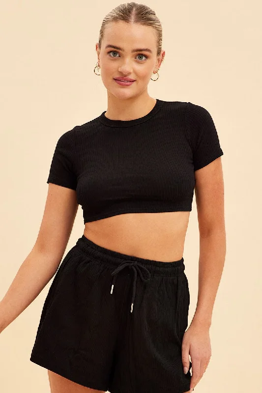 Special Savings Black Prea Rib Crew Neck Short Sleeve Crop Baby T-Shirt