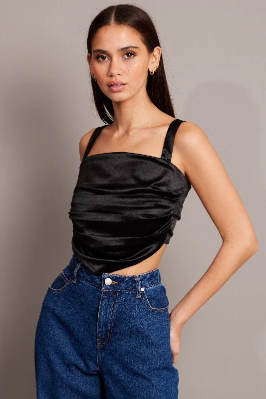 Price Smash Black Satin Tie Back Top