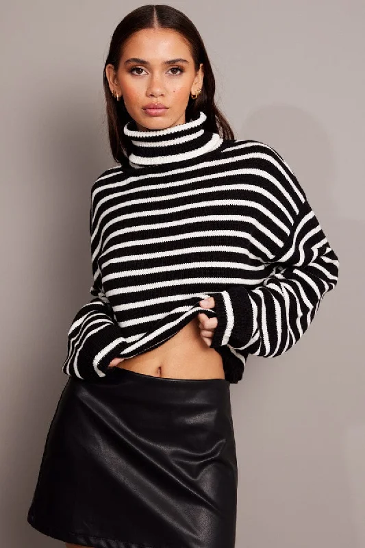 Exclusive Offers Black Stripe Knit Top Long Sleeve High Neck