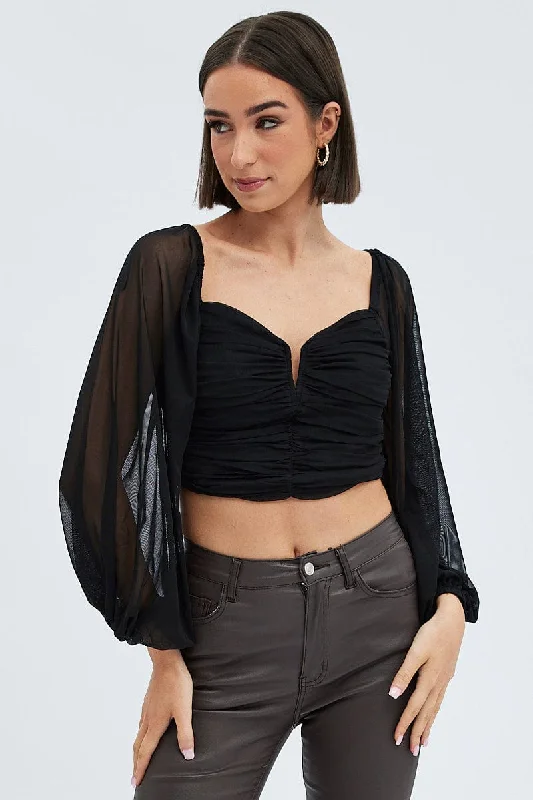 Final Markdown Black Top Crop Long Sleeve Ruched Mesh