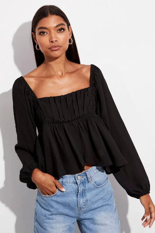 Midnight Madness Black Top Long Sleeve Square Neck Shirred Ruched
