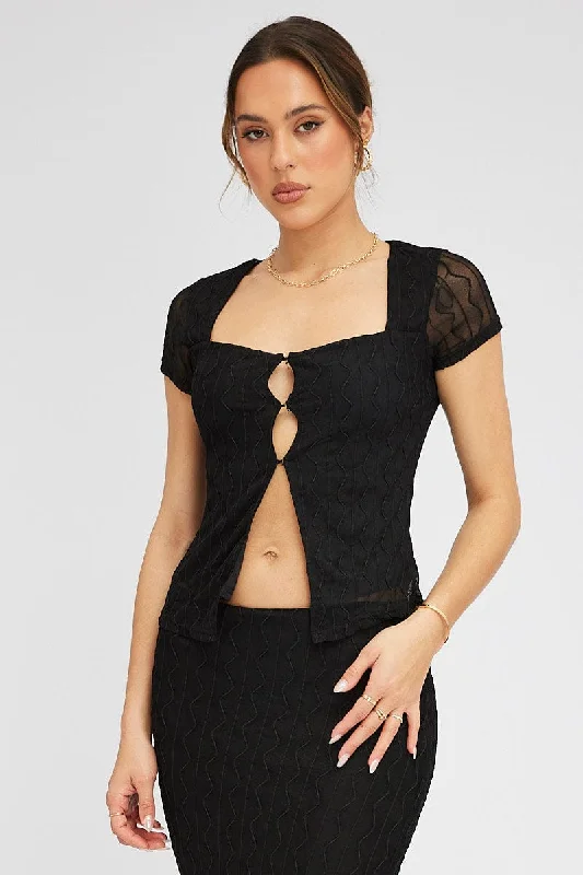Super Bargain Black Top Short Sleeve Sweetheart Keyhole Hook & Eye