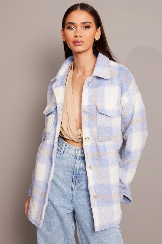 Extra Discounts Blue Check Shacket Long Sleeve