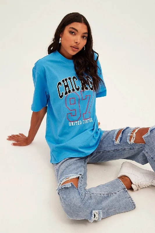Today’s Deal Blue Chicago Tee Short Sleeve Round Neck Embroidered