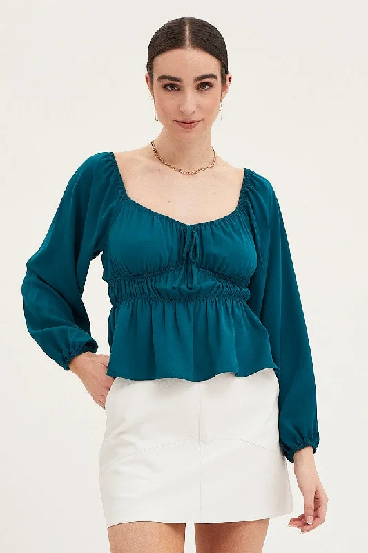 Inventory Reduction Blue Peplum Top Long Sleeve Ruched Front