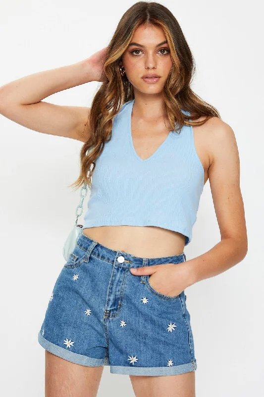 Sale Event Blue Ribbed Halter Neck Top