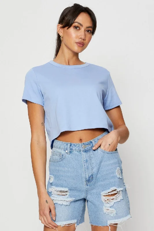 Special Discount Blue T Shirt Short Sleeve Crop Crew Neck Cotton