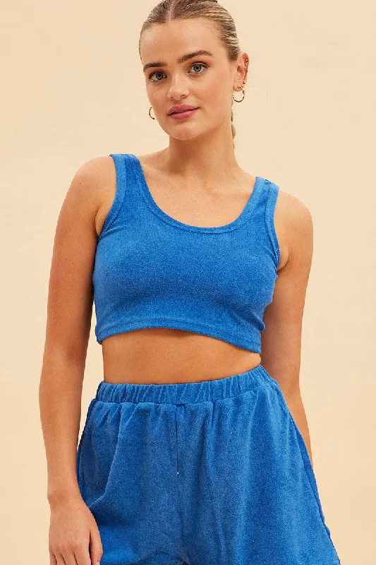 Steals and Deals Blue Terry Beach Crop Tank