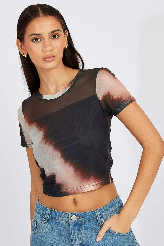 Online Only Brown Abstract Top Short Sleeve