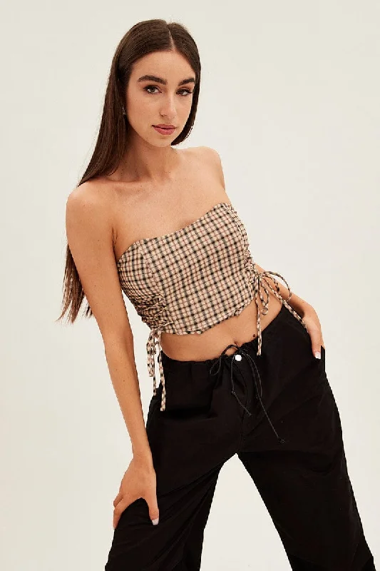 Huge Discounts Brown Check Corset Top Strapless Crop Structured Tie Up Detail