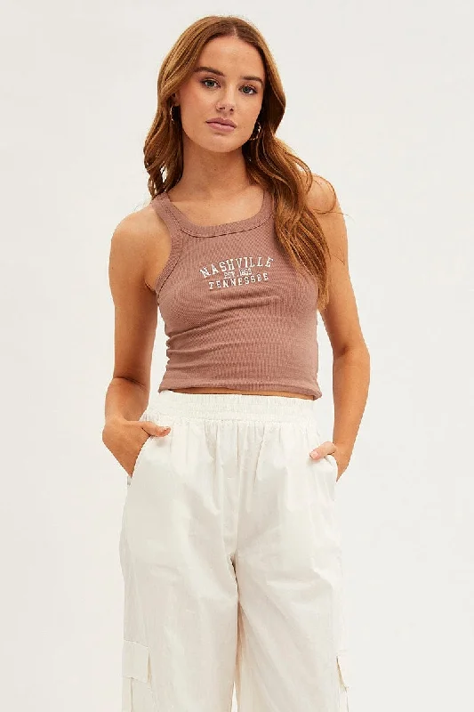 Super Bargain Brown Nashville Embroidered Crop Singlet Top