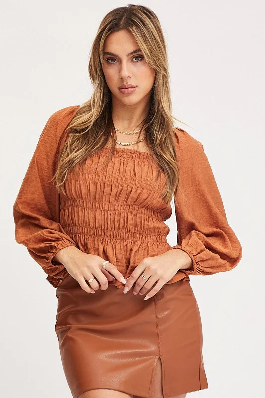 Can't Miss Brown Peplum Top Long Sleeve