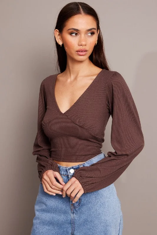 Don't Miss Brown Puff Sleeve Top Long Sleeve V Neck