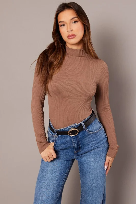 Final Markdown Brown Seamless Top Long Sleeve High Neck Longline