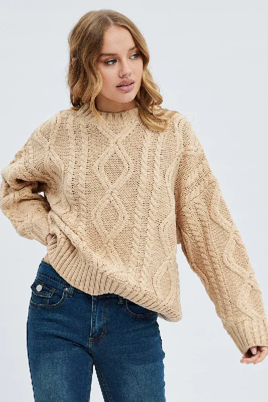 Instant Discount Camel Oversized Knit Long Sleeve Cable