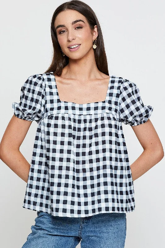 Savings Event Check Scoop Neck Top Short Sleeve