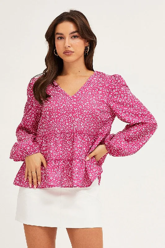 Amazing Deals Ditsy Print Ruffle Top Long Sleeve