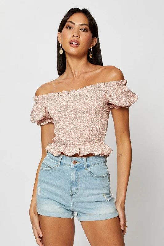 Bargain Blast Geo Print Crop Top Short Sleeve Off Shoulder