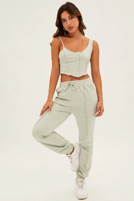 Final Clearance Green Crop Singlet Loungewear Set
