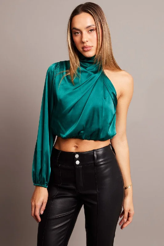 Deal Zone Green High Neck Blouse One Sleeve Asymmetric Top