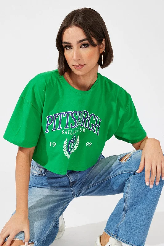 Can't Miss Green Print Graphic Tee Pittsburgh Crop Varsity T-shirt