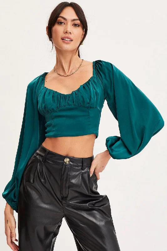 Factory Direct Sale Green Puff Sleeve Top Long Sleeve Crop Satin