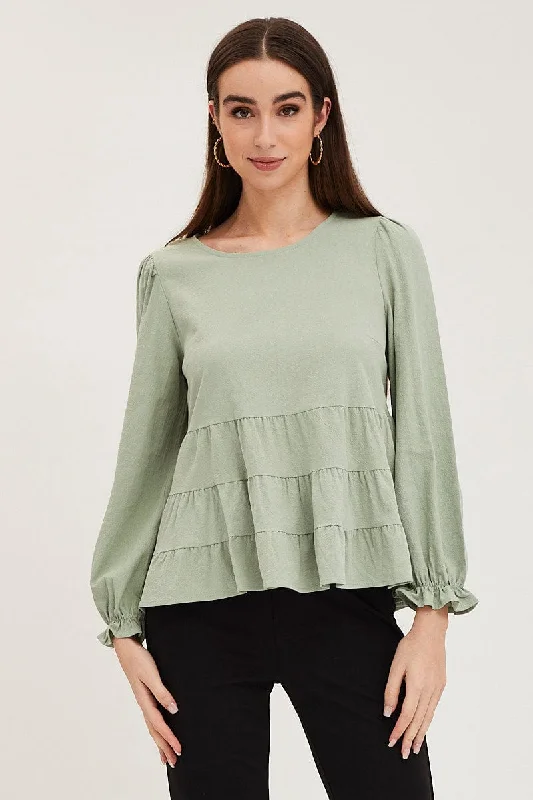 Bargain Prices Green Smock Top Long Sleeve