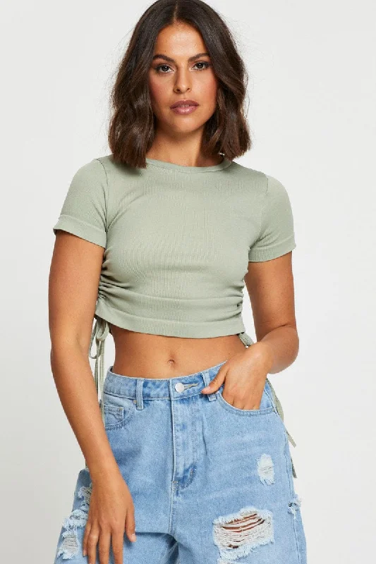 Clearance Event Green T Shirt Short Sleeve Crop Crew Neck