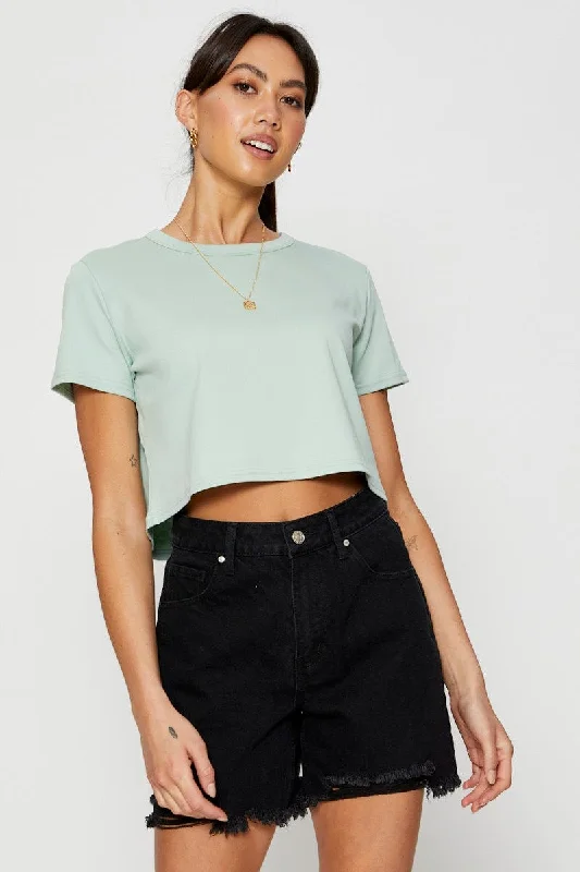 Doorbuster Deal Green T Shirt Short Sleeve Crop Crew Neck Cotton