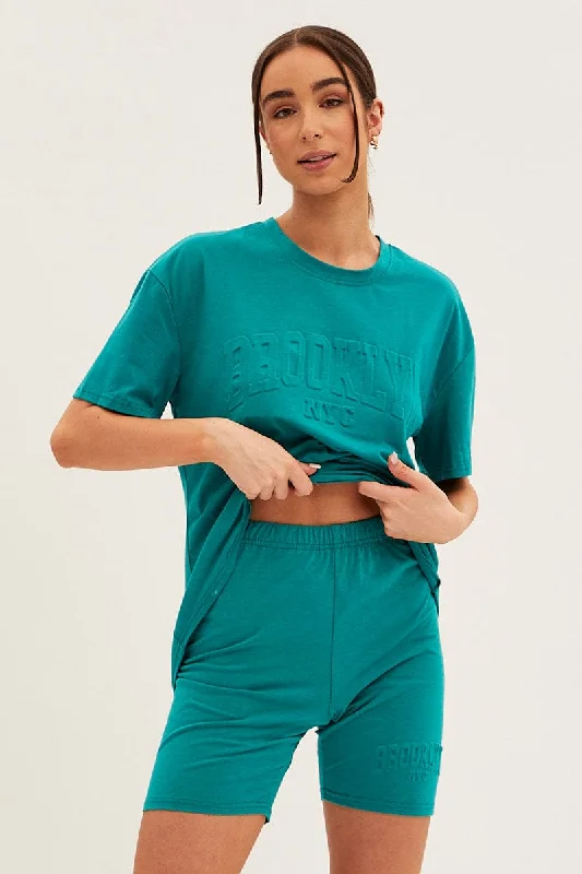 Major Savings Green Textured Tee And Biker Shorts Set