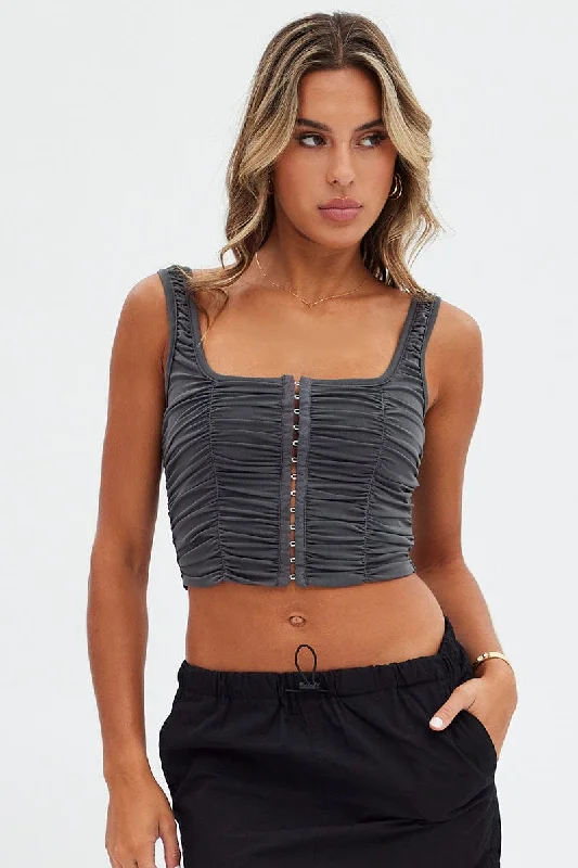 Great Bargains Grey Lace Up Top Sleeveless Mesh