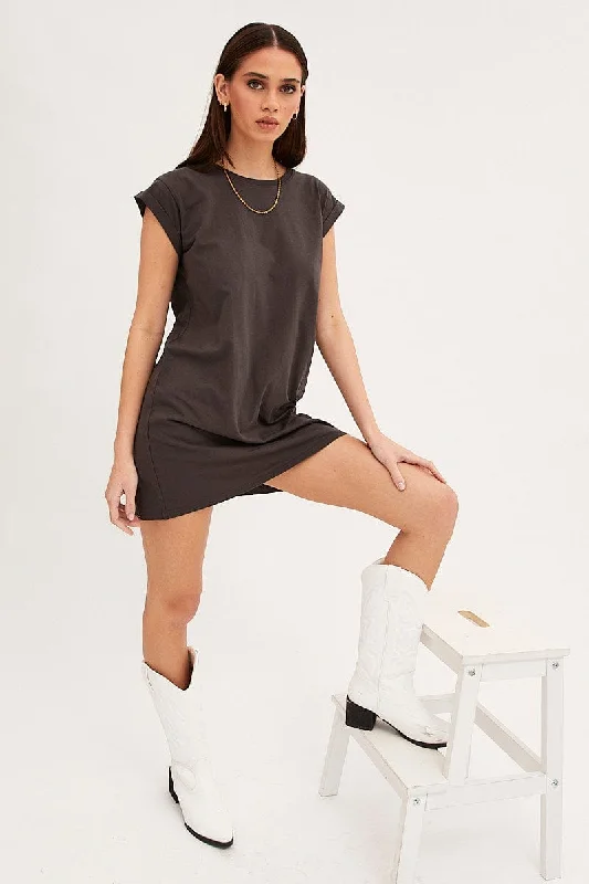 Savings Bonanza Grey T-Shirt Dress Crew Short Sleeve Graphic