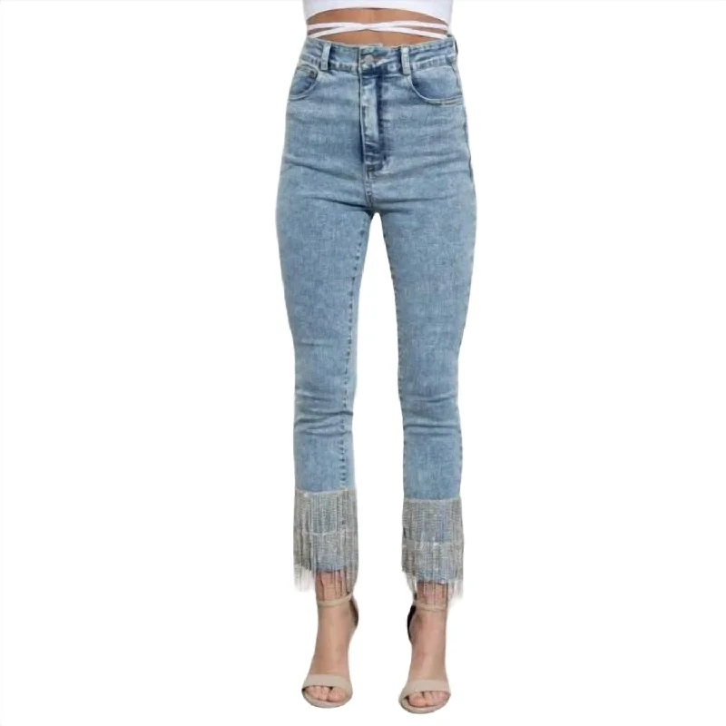 Steals and Deals Layered Rhinestone Fringe Denim Pants In Denim Blue