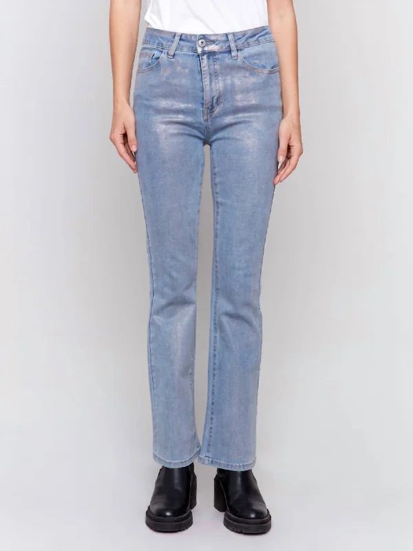 Unbeatable Prices Let Me Shine Shimmer Bootcut Jeans In Silver Blue