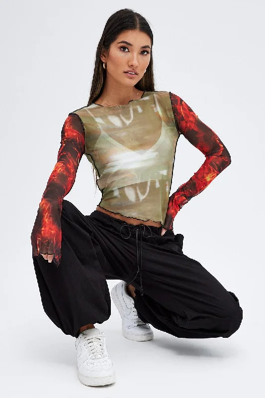 New Markdowns Multi Abstract Top Crew Neck Mesh Contrast Print Long Sleeves