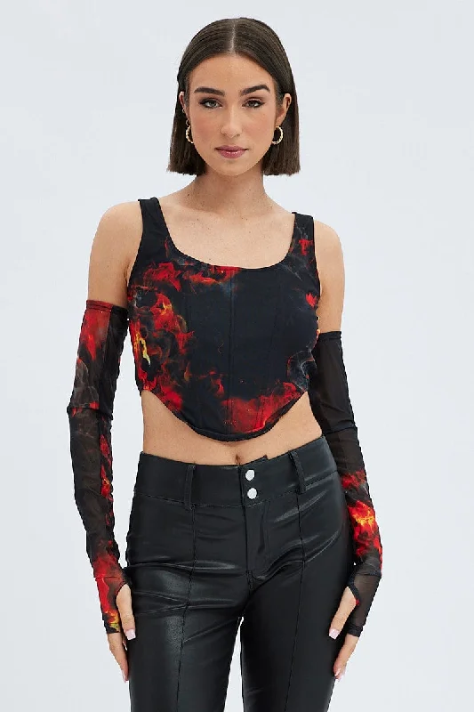 Final Clearance Multi Print Corset & Long Sleeve Set Scoop Neck Semi-Crop Mesh