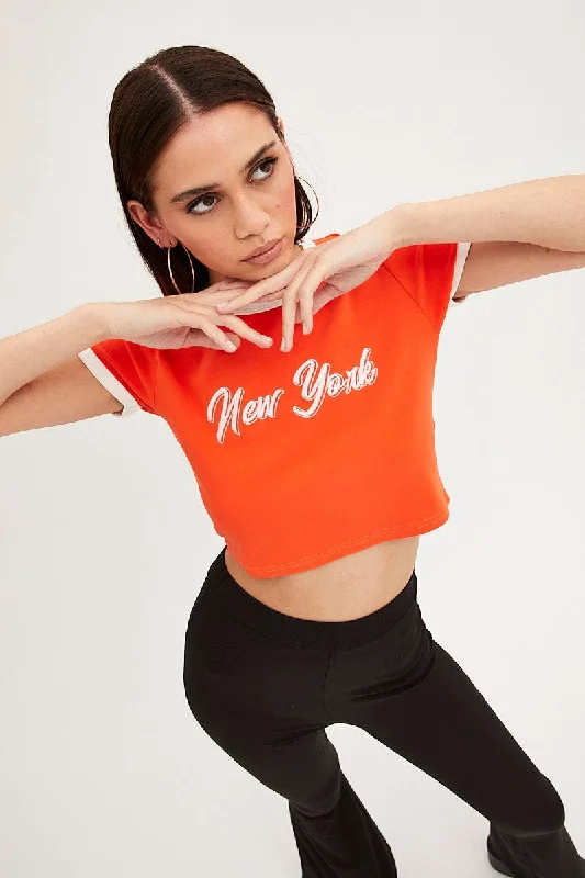 Overstock Orange Baby Tee Short Sleeve Crew Neck Crop New York