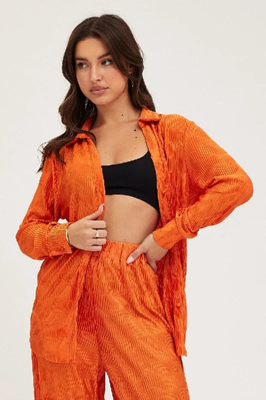 Don't Wait Orange Plisse Shirts Long Sleeve