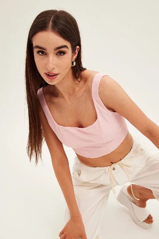 Price Reduction Pink Corset Top Shirred Back Sleeveless Crop Jersey