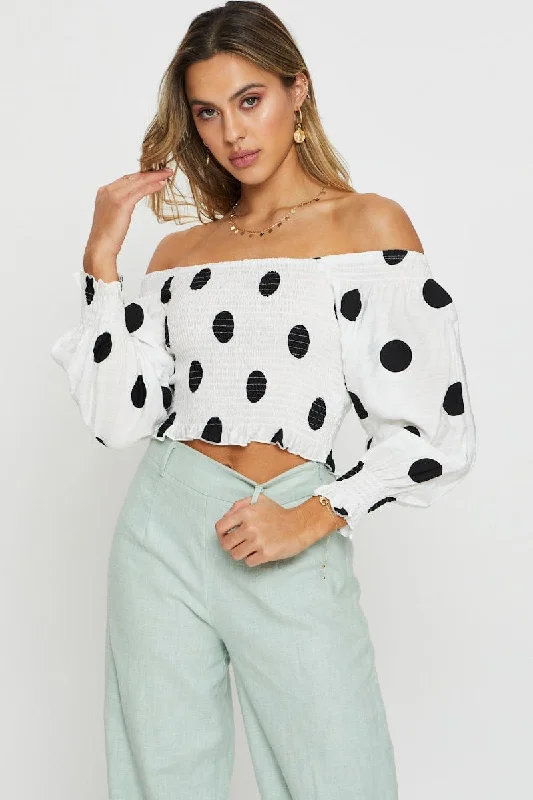 Today’s Deal Polka Dot Crop Top Long Sleeve Off Shoulder