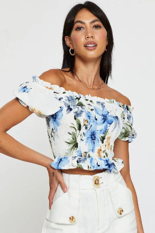Holiday Sale Print Crop Top Off Shoulder
