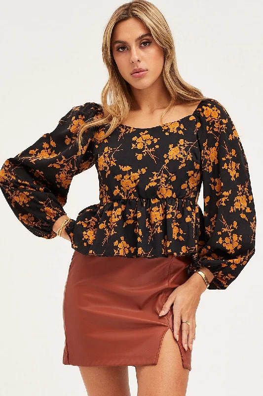 Daily Deals Print Peplum Top Long Sleeve