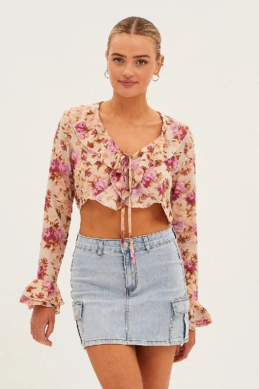 Don't Wait Print Print Chiffon Top Long Sleeve V Neck Frill