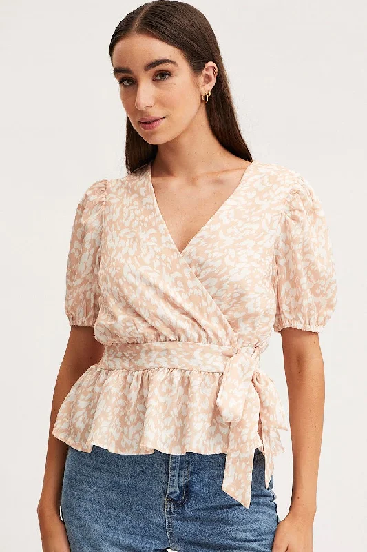 Year-End Sale Print Wrap Top Long Sleeve Peplum