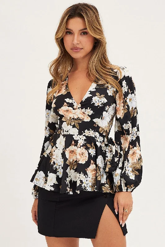 Savings Galore Print Wrap Top Long Sleeve Satin