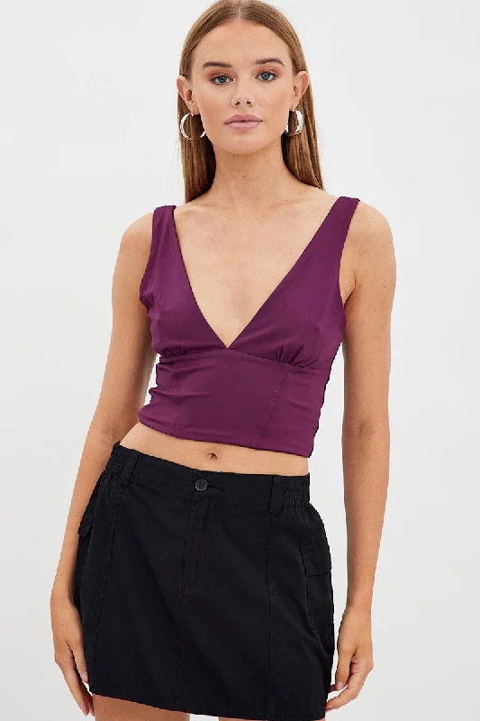 Price Rollback Purple Corset Detail Top Sleeveless Crop Slinky Jersey