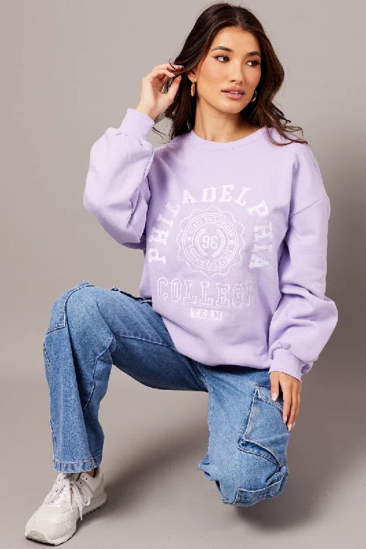 Huge Discounts Purple Graphic Sweater Long Sleeve