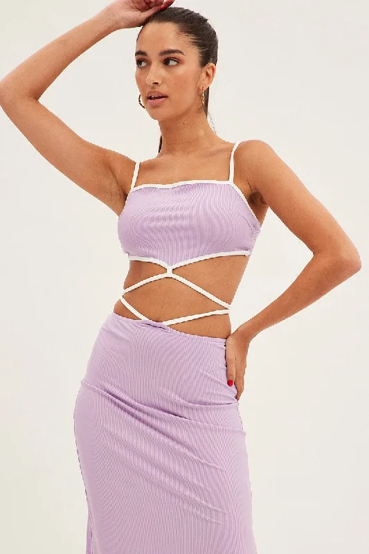 Mega Sale Purple Tie Top Sleeveless Crop Contrast Ribbed